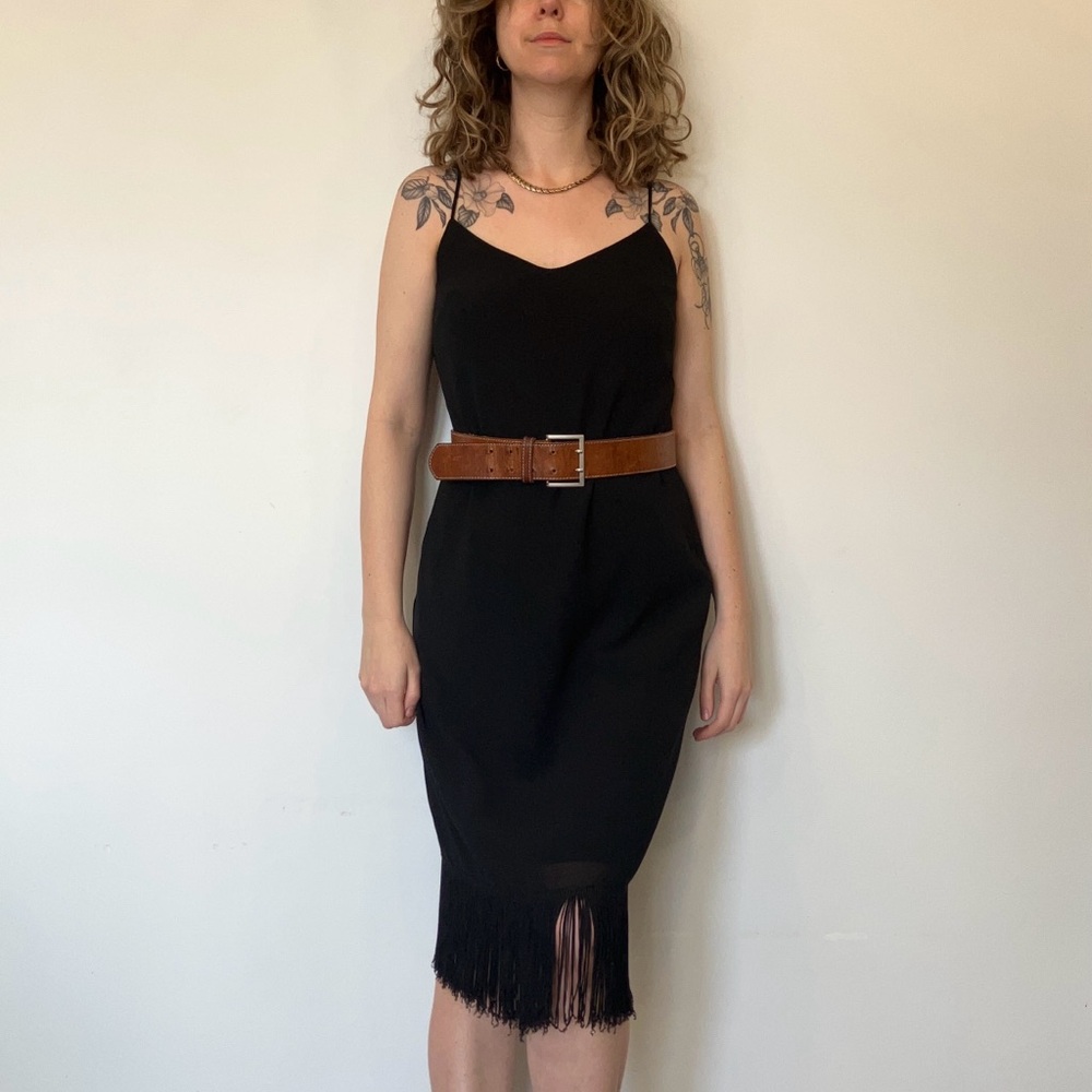 vintage Lori Ann Black Midi Dress with Fringe made in Canada